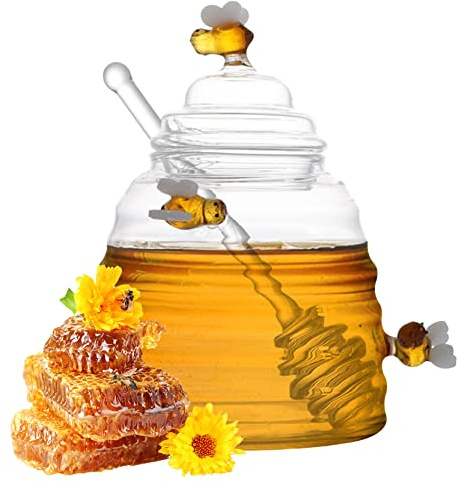 Olla de miel, dispensador de miel de 450 ml con cajón y tapa, recipiente de miel transparente, frascos de miel con cajón para la cocina en casa