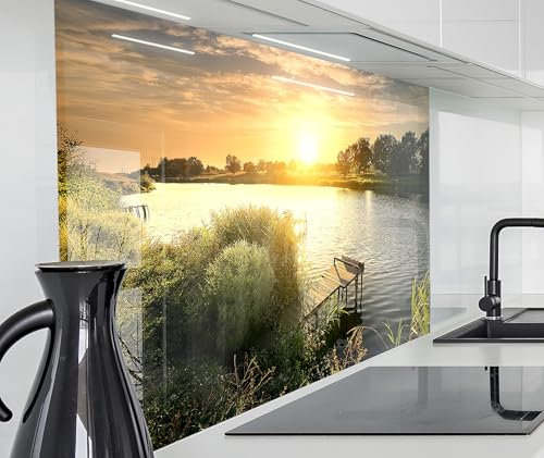 timalo Spritzschutz Wand für Herd, Küche Küchenrückwand Glasoptik | Acryl Glas 2mm | Glasrückwand Acrylglas Wandpaneele Rückwandschutz Platte | 60x60cm See Abend Wald