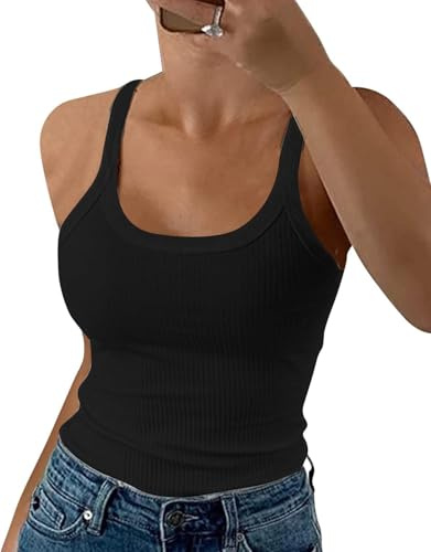 DUOEASE Debardeur Femme Col Rond Spaghetti Côtelés Extensible 2025 Top Femme Slim Fit Mode Noir-M