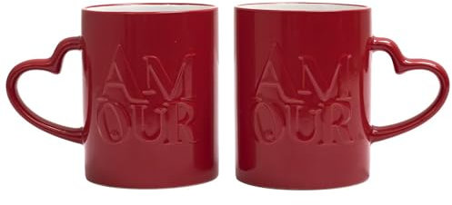 Linnea Lot de 2 Mugs Collection Amour & Cafe 30 cl en grès avec anses en Forme de cœur Rouge