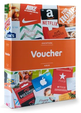 Leuchtturm 368621 Gutschein-Album für 60 Voucher und Geschenkkarten- mit 16 Hüllen für A4-, A5-, Kreditkartenformate, 330 x 250 mm, bunt