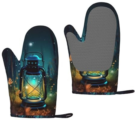 Fireflies and Lantern Oven Mitts Set of 2 Heat Resistant Silicone Oven Gloves with Soft Lining Non-Slip Kitchen Cooking Mitt Long Waterproof Potholders Kitchen Essentials