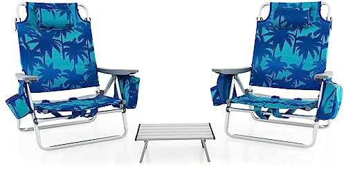 GIANTEX Klappstuhl Strandstuhl mit Tisch Set, klappbarer Gartenstuhl Campingstuhl Liegestuhl mit Verstellbarer Rückenlehne, Hochlehner mit Kopfstütze, Balkonstuhl Terrassenstuhl (Dunkelblau)