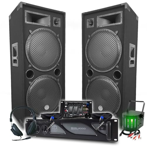 Pack Sono DJ BM Bmsonic Ampli 4000W, par de altavoces LSC215 2x2000W, mesa de mezcla, juego de luz, auriculares DJ, cables, micrófono
