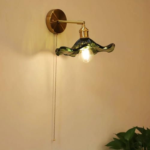LOGT Retro Wandlampe Innen mit Schalter Wandleuchte 180° Verstellbare Metall Wandbeleuchtung mit Glasschirm Vintage Floral Nachttischlampe Zugschalter Bettlampe E27 für Schlafzimmer,Grün