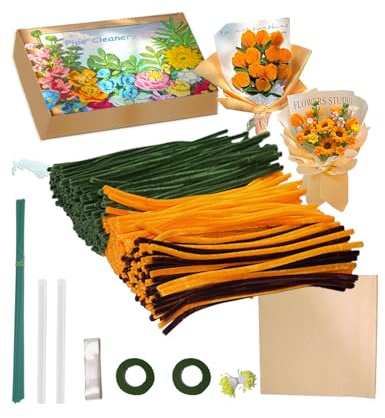Pfeifenreiniger Blumen Set für Partner, Familie und Freunde, 400 Stück Chenilledraht Gold, Grün, Braun, Zubehör für selbstgemachte Sonnenblumen Farbe Bastelset, Papiersträuße, mit Perlen, Wellenpapier