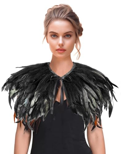 Damer fjäder axel cape gotisk fjäder axelväska kappa halloween cosplay schal krage poncho fin klänning kråka kostym tillbehör för halloween karneval fest
