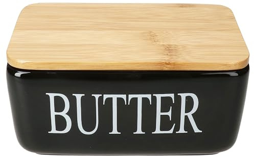 MamboCat Reni Butterdose mit Bambusdeckel | rechteckige Schwarze Keramikdose mit weißem Schriftzug I für 1 Stück Butter (250g) | zur Aufbewahrung von Butter & Margarine