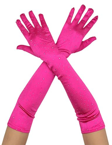 LLINthy 2lotti, guanti lunghi eleganti in rete con strass, guanti da donna alla moda per appassionati di feste alla moda, guanti per occasioni speciali, Rosso rosato, Taglia unica