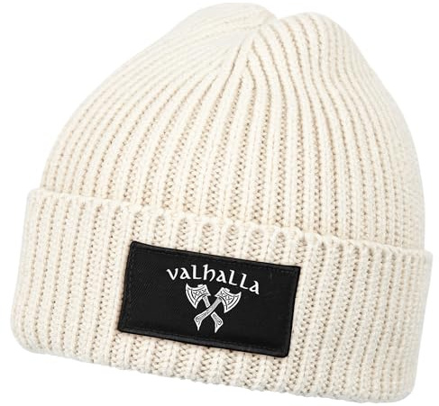 Neverless® Herren Beanie Wintermütze Patch Valhalla Viking Axt Nordische Mythologie Odin Print Streetstyle Strickmütze Rippstrick