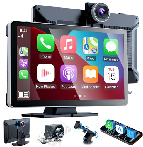 9 Inch Car Stereo with Apple Car Play & Android Auto,Portable Touch Screen Car Player Wireless Car Play Screen with Voice Control, with 4K Front+Rear 1080P Dual Camera Dash Cam (9 Inch+2 Camera)