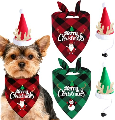 MUNSKT 2 Stück Hundehalstuch Weihnachten mit Weihnachtsmütze, Großer Haustier Schal, Waschbare Dreieck Lätzchen für Hunde und Katzen, Weihnachtsoutfit für Kleine, Mittelgroße und Große Hunde