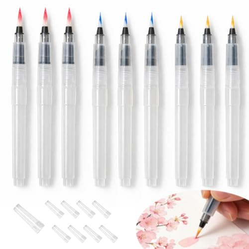 9 pezzi pennelli acquerello, Watercolor Brush Pen con serbatoio d’acqua ricaricabile, set di pennelli ad acqua per acquerelli, disegno, schizzi, calligrafia