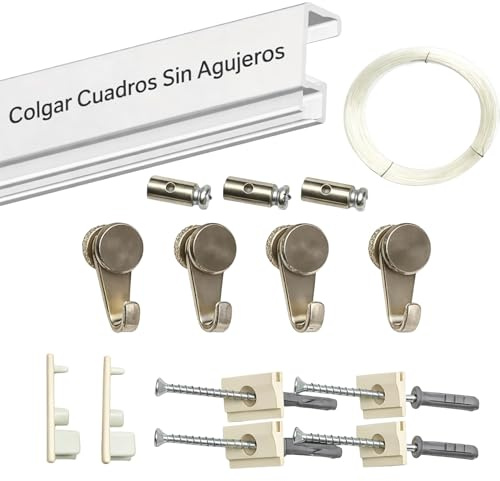 Colgar cuadros sin agujeros - Pack Basic RM | Ganchos para colgar incluidos | Guía de aluminio 150 cm | Soporta hasta 35 kg/ml | Ideal oficinas, galerías y bibliotecas (Guia Blanca, 150cm)