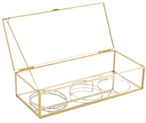 DICOSMETIC Goldener Vintage Glas Schmuckkasten Klarer Glas Aufbewahrungsbox 23x10x5.3cm Dekorative Schmuckvitrinen zur Aufbewahrung von Schmuckstücken Ringen Armbändern mit Spiegelboden Design