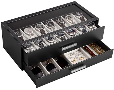 ProCase 14 Slot Uhrenbox, 2 Schichten herausziehbare Schubladen Uhrenkoffer mit klarem Top-Glasdeckel, Uhren Schmuck Sonnenbrille Aufbewahrungsbox für Mann - Schwarz | Herren Accessoires Box mit transparentem Glasdeckel für Uhren, Schmuck und Sonnenbrillen