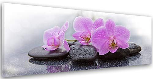 Feeby Leinwandbilder - Deko Bilder - Rosa Orchidee Zen Steine Grau - Canvas 120x40 cm 1tlg- Wandbilder Schlafzimmer - Aesthetic Room Decor - Modern Wanddeko - Bild auf Leinwand - Fertig Gespannd