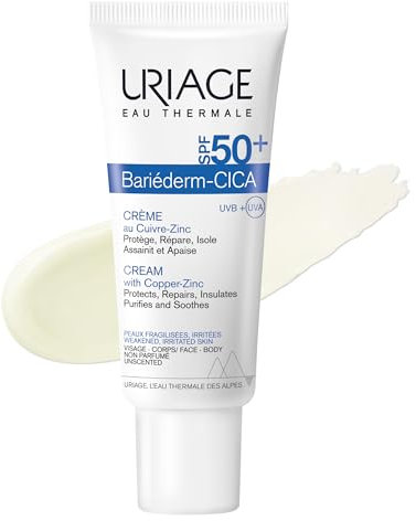 Uriage Bariéderm-Cica Cream Multi Purpose Cream with SPF50+, 40ml - Daily Face Cream with Copper-Zinc - Prevents Formation of Skin Marks - Scars, Tattoos, Laser - Fragrance-free