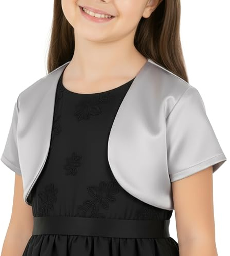 BlackButterfly Niñas Satín Manga Corta Bolero (Plata, 13-14 años)