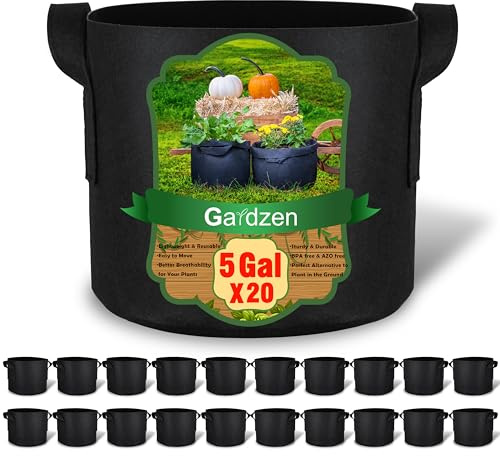 Gardzen 20-Pack 5 Gallon Grow Bags, Aeration Fabric Pots with Handles, Heavy Duty Plant Bags for Plants