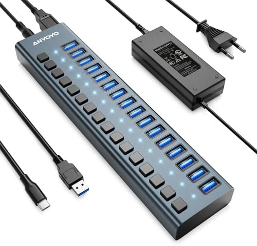 USB Hub 3.1 mit 90W Netzteil, 16 Port USB 3.1 Aluminum Hub Aktiv 3.1 mit 12V/7.5A Netzteil USB Hub mit Netzteil für Laptop, PC, Computer, Mobile HDD, Flash Drive