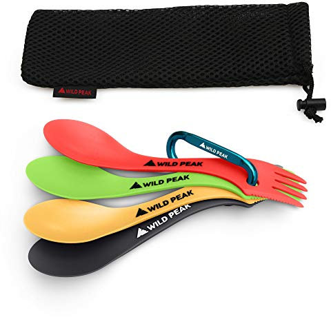 Wild Peak Contour Clip Plastic Spork - Lightweight & Strong All in one Spoon, Fork, Knife Cutlery Includes Carabiner Clip & Storage Bag ▲ (Assorted (Colours May Vary), 4 Pack)