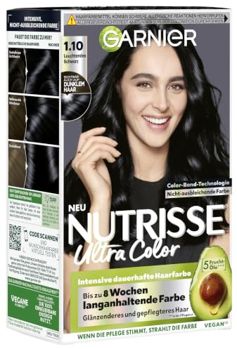 Garnier Nutrisse närande intensiv nyans med närande fruktoljor, färgning med 8 veckors innehåll, färgsensation hårfärg, 1,10 lysande svart