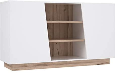 Newroom Sideboard Weiß Eiche grifflos Kommode Wohnzimmer Flur | 2 Türen mit offenem Mittelfach, zweifarbig, Anrichte, Highboard, Diele, skandinavisch modern, für Schlafzimmer
