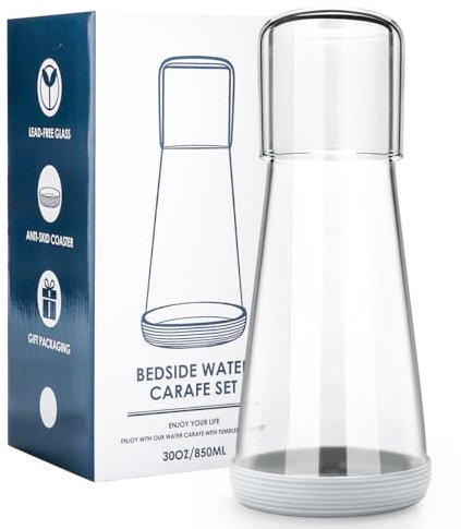 Quyimy Bedside Water Carafe Set With Glass, Lid, Tumbler for Nightstand, Bedroom, Bath - Clear Carafe With Cup & Grey Silicone Coaster for Mouthwash - 30 oz/850ml