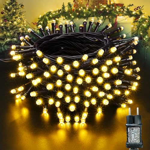 Moxled Lichterkette Weihnachtsbaum - 10M 100 LED Warmweiß Lichterkette Außen Strom mit Timer Speicherfunktion, Grünes Kabel, Wasserdicht 12 Modi Weihnachtsbeleuchtung für Garten Weihnachtsdeko