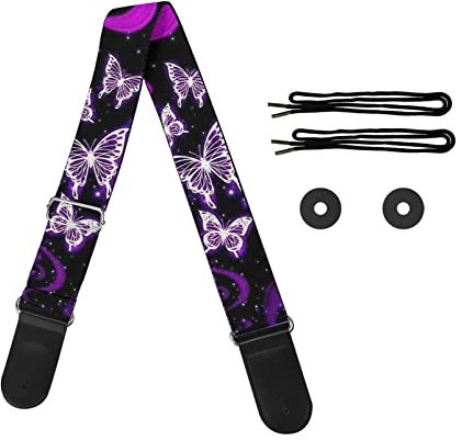 HUIACONG Bassgitarrengurt Personalisierte individuelle Gitarrengurte mit Lederende für Frauen Mädchen Geschenke, Schmetterling Galaxy lila, One size