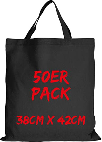 TEXXILLA Baumwolltasche - 50er Pack | Schwarz | mit Zwei kurzen Henkeln | 38x42cm | Jutebeutel | Einkaufstasche | unbedruckt