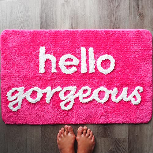 Hello Gorgeous Badematte, Hot Pink, Dunkel Magenta, Fuchsia, Rouge, Pfirsich, Koralle, niedlich, schön, schön, lustig, Dusche, lustig, Badezimmerdekoration, rutschfest, waschbar, Kinder und Frauen
