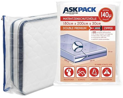 ASK Pack Mattress Bags for Moving and Storage with Zipper - 5.5 Mil Heavy Duty Material - Size XS-XXL, Waterproof Mattress Cover, Tearproof - Reusable Mattress Protector Transport Bags - 180x200 cm