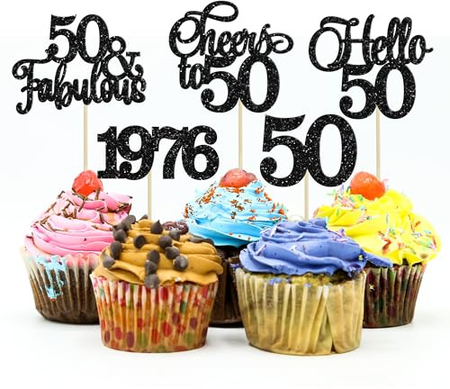 Gyufise 30Pcs 50th Birthday Cupcake Toppers 50 Fabulous Cupcake Picks Cheers to 50 1976 Cake Decorations for Happy 50th Birthday Wedding Anniversary Party Decoration Supplies Black