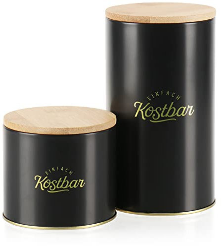com-four® Set di barattoli da 2 pezzi con coperchio in bambù - scatola di metallo per alimenti - organizzatore per la cucina - contenitore di metallo con scritte (02 pezzi - colore nero/oro)