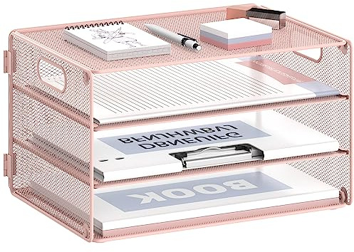 DALTACK Bac à courrier en Papier Rose à 3 Niveaux avec poignées, Organiseur de Papier pour Bureau, école, Maison, Maille métallique
