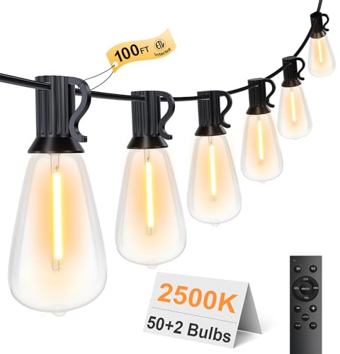 LaPitio 100FT Remote Outdoor String Lights for Outside, 50+2 LED Waterproof Shatterproof Edison Dimmable Timer Bulbs, 2500K Warm White Patio Lights for Garden Backyard Yard Hanging Lighting