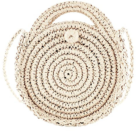ARVALOLET Stroh-Umhängetasche for Damen, runde Strandtasche for Damen, Umhängetasche, gewebter Stroh, Tragetasche, Sommerhandtaschen, Bohemian-Umhängetasche, Dame, Strohtasche, weiß, 16x16x16cm