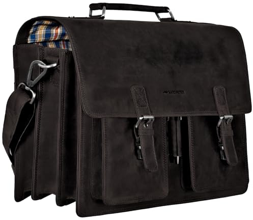 Marc Peter Amsterdam Aktentasche Leder XL Vintage Lehrertasche mit Laptopfach 15,6 Zoll große Ledertasche zum Umhängen Trolley aufsteckbar