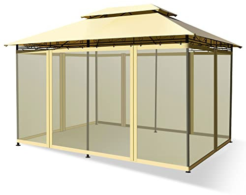 COSTWAY Carpas para Exteriores 4x3m, Cenadores para Jardin con Red Removible y Dobles Techos， Estructura en Acero Reforzado, Pergolas de Jardin Camping Playa (Beige)