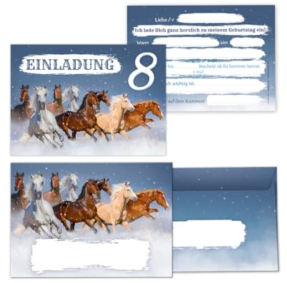 Minkocards 12 Einladungskarten incl. 12 Umschläge zum 8. Kindergeburtstag Mädchen Pferd Pferde Einladung achte Geburtstag Kinder Einladungsset