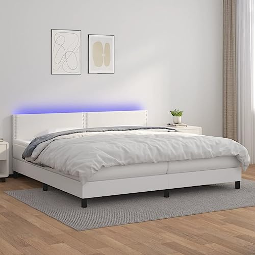ZQQLVOO Bettgestell Familienbett Palettenbett Boxspringbett mit Matratze & LED Weiß 200x200 cm Kunstleder