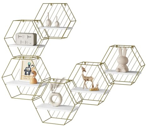 EUGAD Wandregal 6er Set, Hexagon Regal Wand, Schweberegal, Weiß Golden | aus Holzwerkstoff,Regalbrett mit Metallrahmen, Regal hängend, für Wohnzimmer Küche