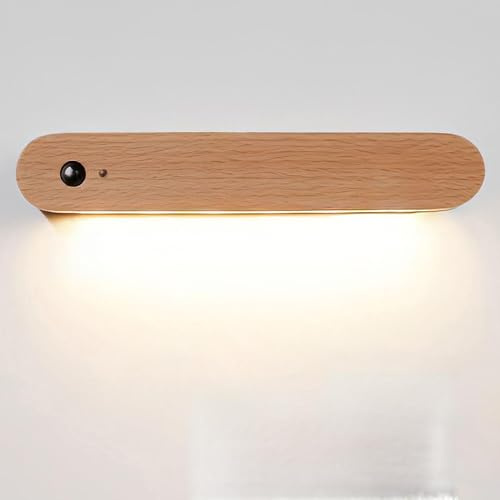 Lámpara de pared de madera con detector de movimiento, recargable por USB, luz blanca cálida, luz nocturna LED con tira magnética, 2 modos, inalámbrico, batería, iluminación de pared para dormitorio