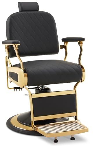 Barberpub Friseurstuhl mit Kopfstütze Kippbar, Friseureinrichtung mit Hydraulikpumpe 360° Drehbar, Bedienungsstuhl Höhenverstellbar, Barber Stuhl Friseurstühle Kunstleder, 3855BK (Gold-Schwarz)