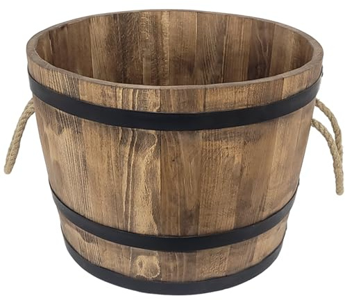 WEECO Großer Blumentopf aus Holz 50x40cm. Blumentopf aus Erlenholz mit Metallringen. Für das Wohnzimmer oder die Terrasse. Massiver großer blumenkübel aus einem 1/2 Holzfass. Wenge Farbe. Gewicht 10kg
