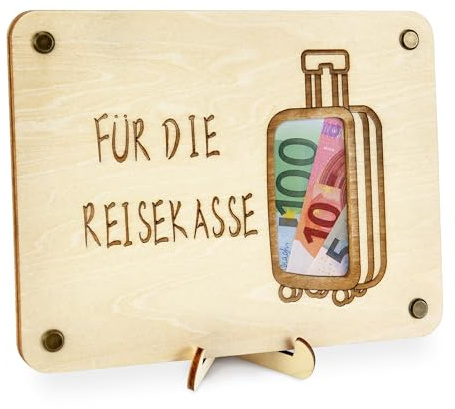 TAKULA Geldgeschenk Reise Koffer Spardose, Reisekasse Geschenkbox | Geldgeschenke 20x15cm, Inkl. Ständer & Messingschrauben. Kreativ befüllbar mit Scheinen. Perfekt für Reise,Urlaub,Geburtstag