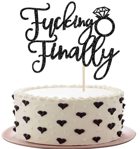 SYKYCTCY 1 Pack Fucking Finally Cake Topper Glitter with Diamond Ring Funny Wedding Engagement Cake Pick Bridal Wedding Cupcake Decoration Party Supplies Black