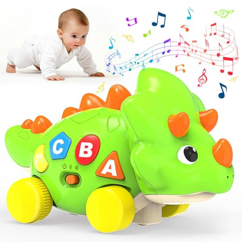Baby Spielzeug 6-36 Monate, Dino Krabbelspielzeug mit Licht & Musik, Musikalische Kinderspielzeug mit Automatischer Hindernisvermeidung, Motorikspielzeug ab 1 Jahr für Baby Geschenk Junge und Mädchen
